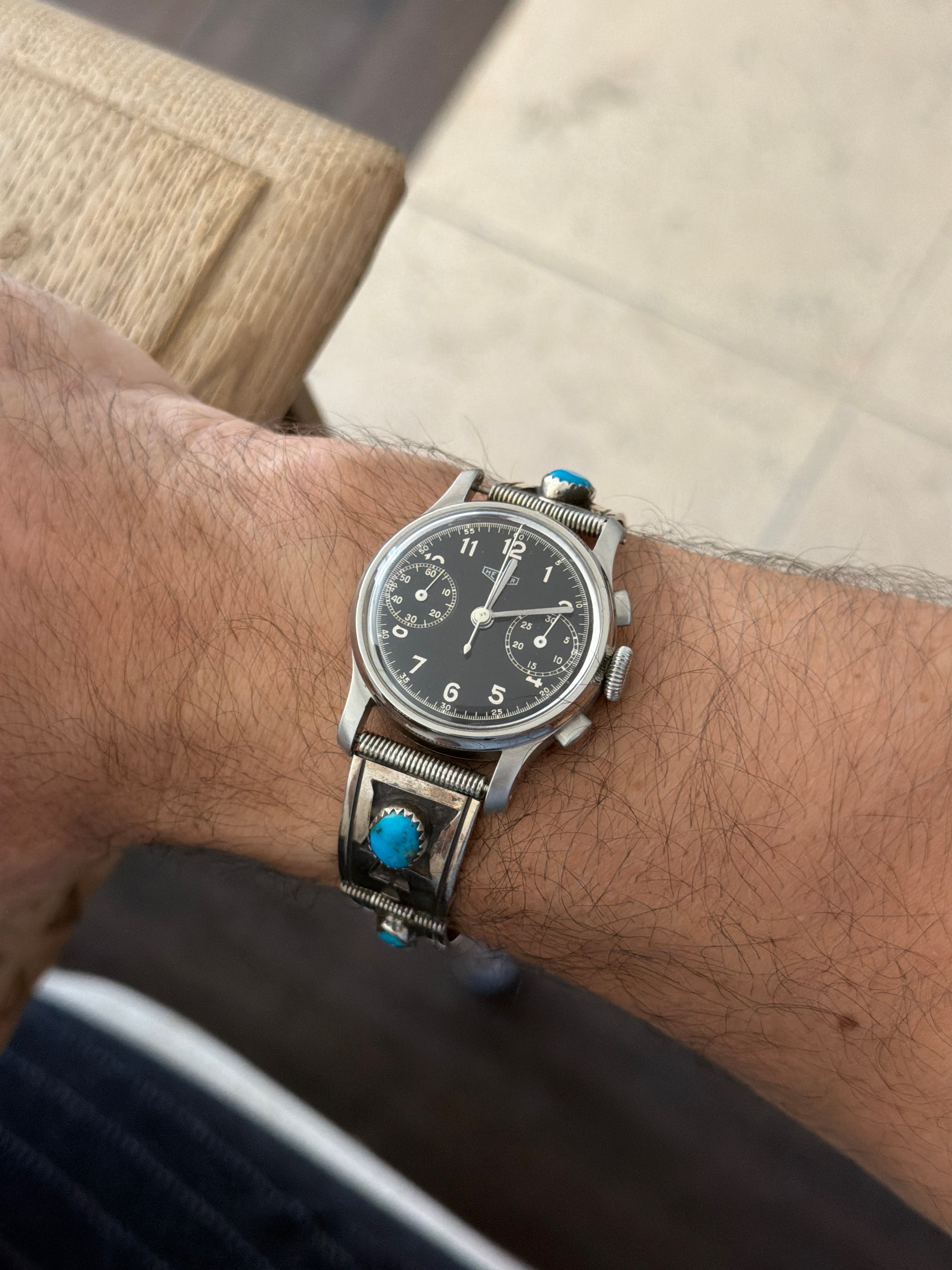 Vintage 1940s Heuer 32mm Chronograph with Turquoise Sterling Bracelet