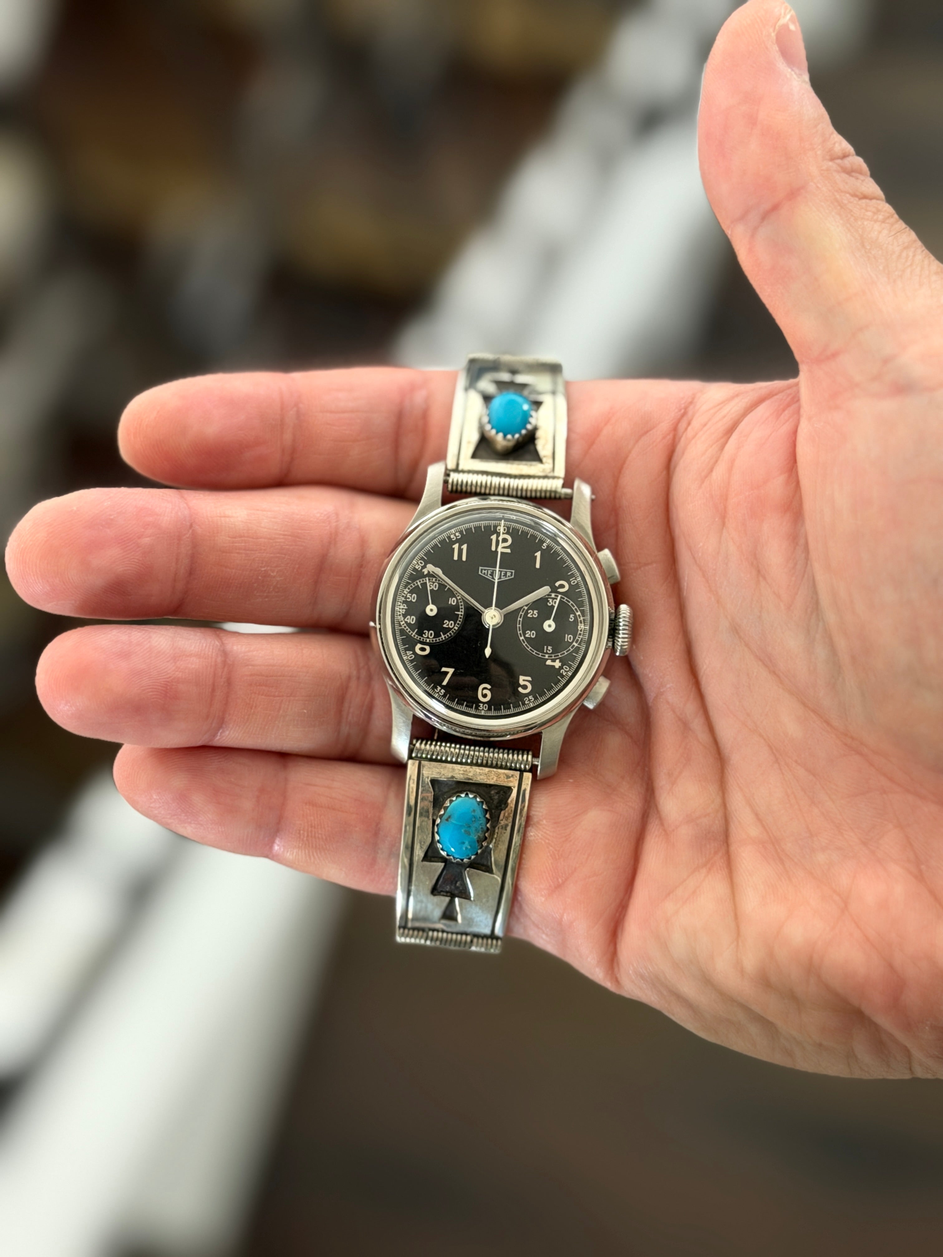 Vintage 1940s Heuer 32mm Chronograph with Turquoise Sterling Bracelet