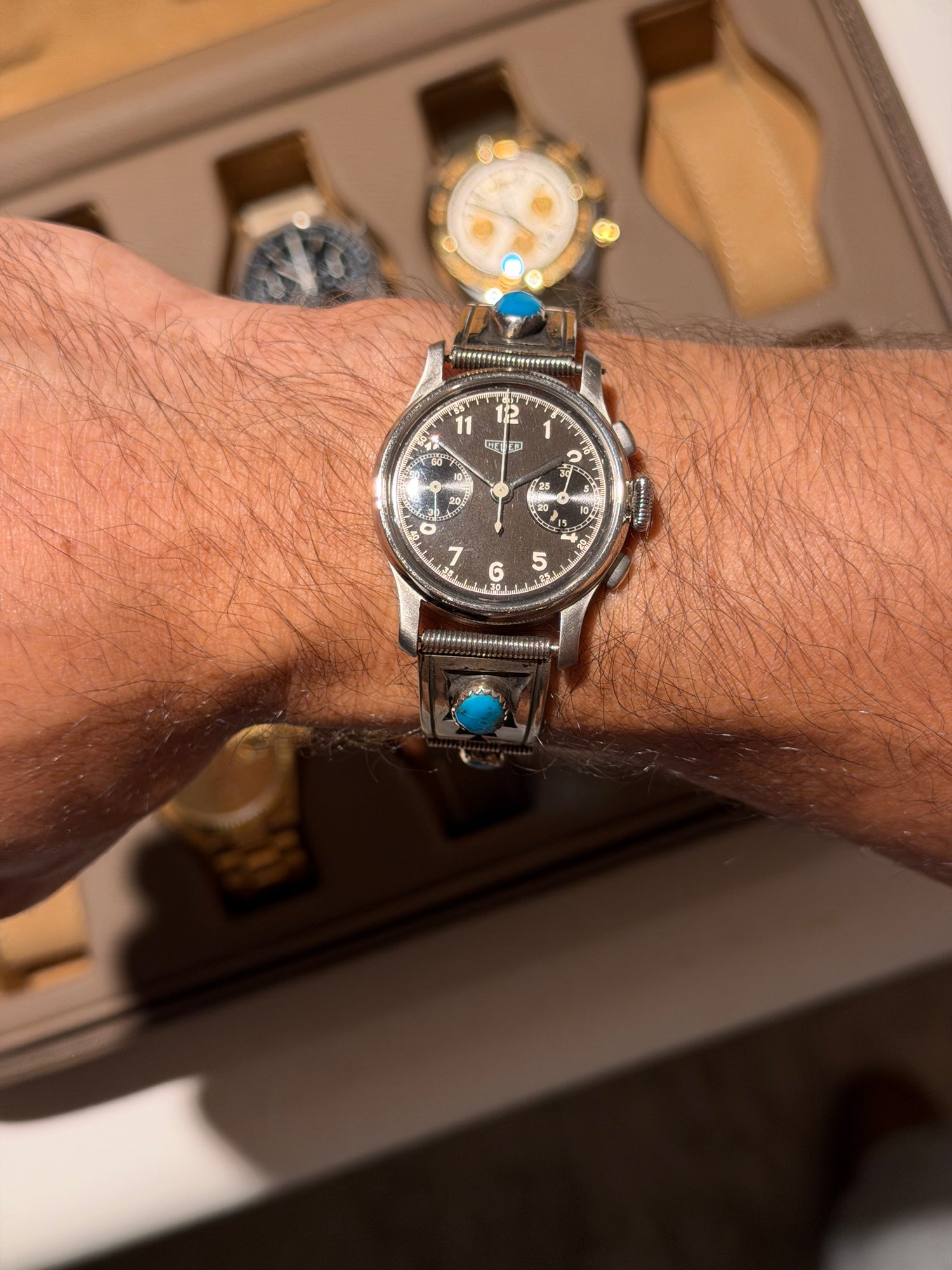 Vintage 1940s Heuer 32mm Chronograph with Turquoise Sterling Bracelet