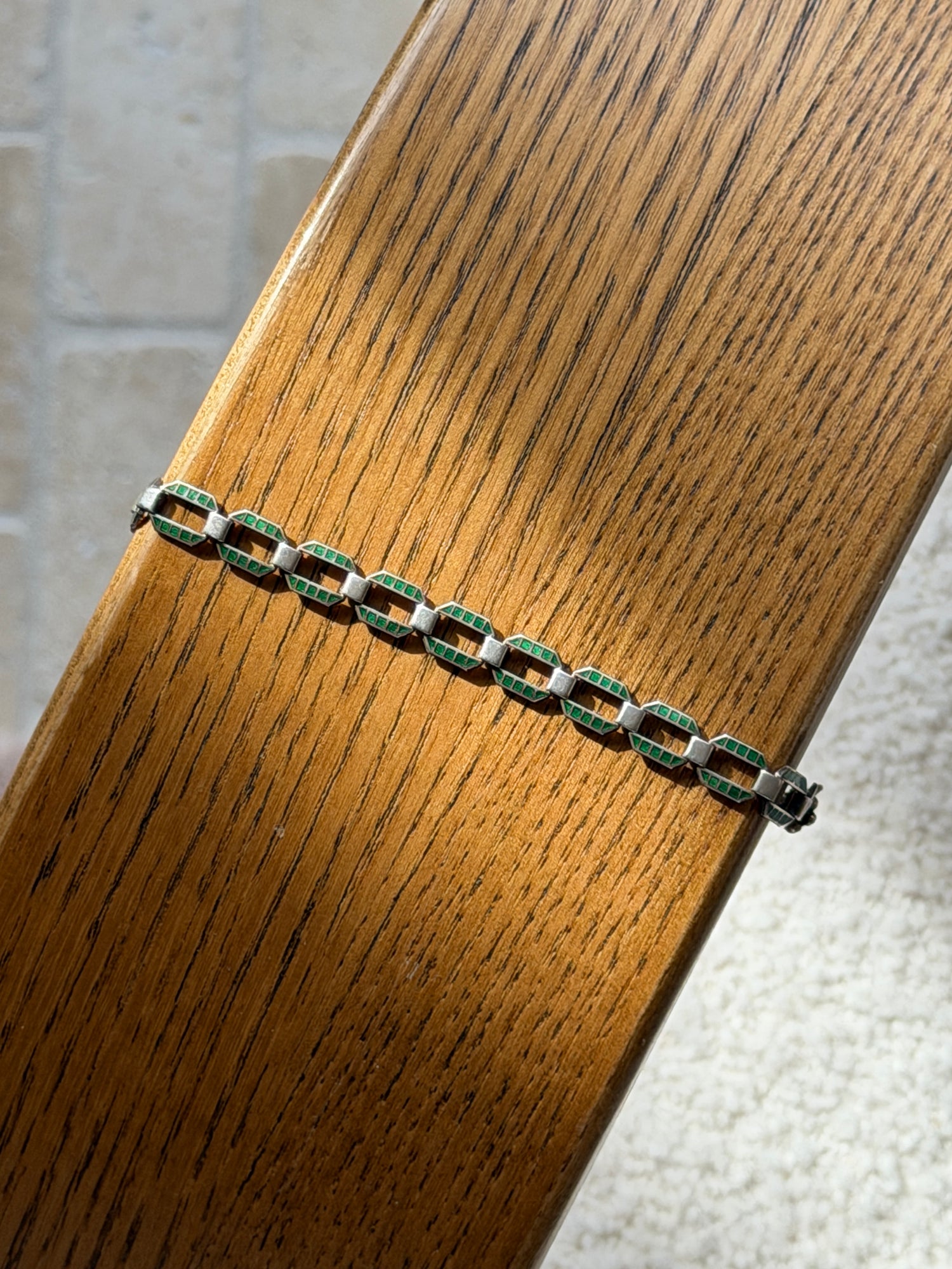 Vintage Art Deco Sterling Silver Green Enamel Geometric Link Bracelet | Collectors Gene