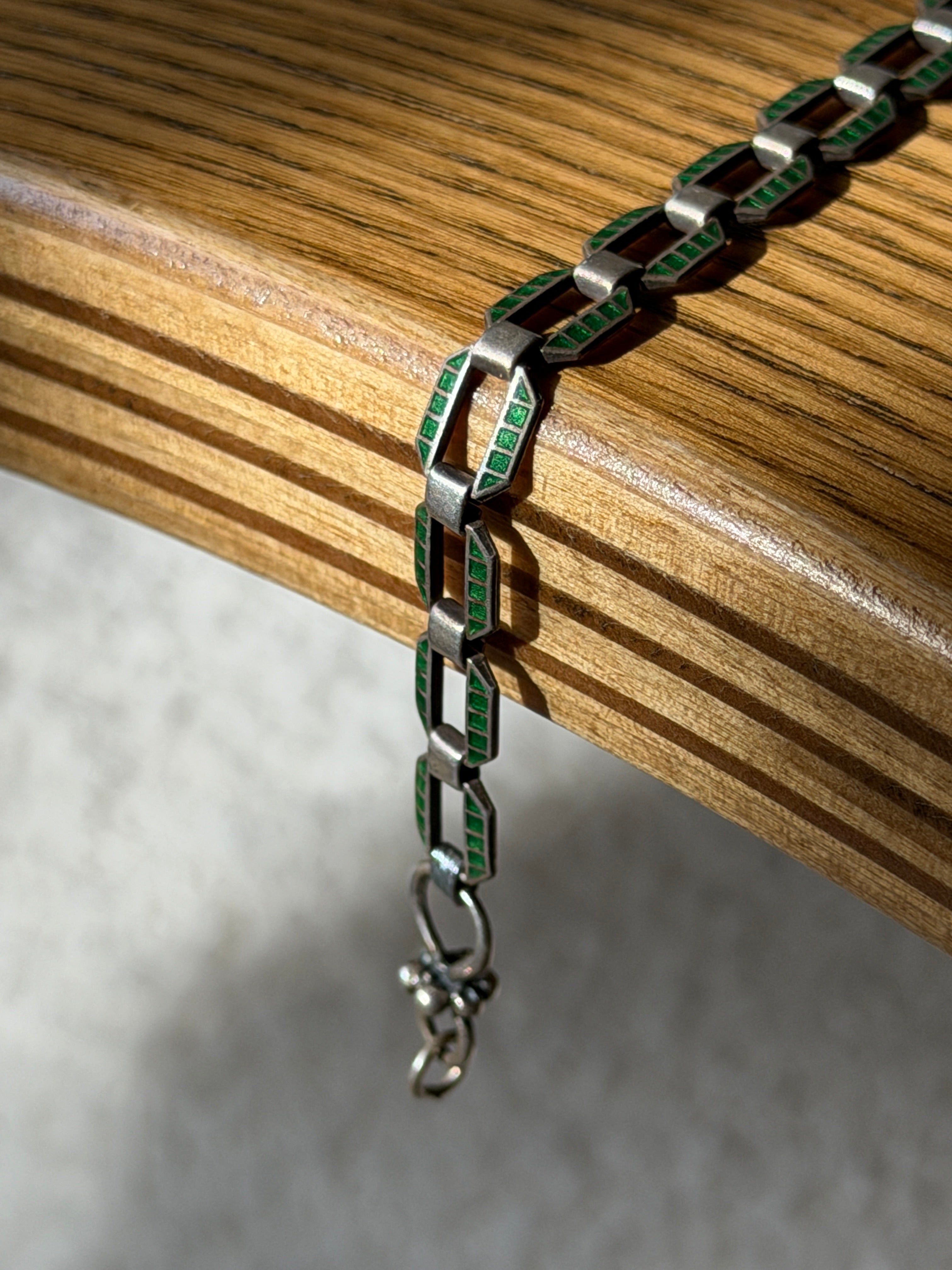 Vintage Art Deco Sterling Silver Green Enamel Geometric Link Bracelet | Collectors Gene