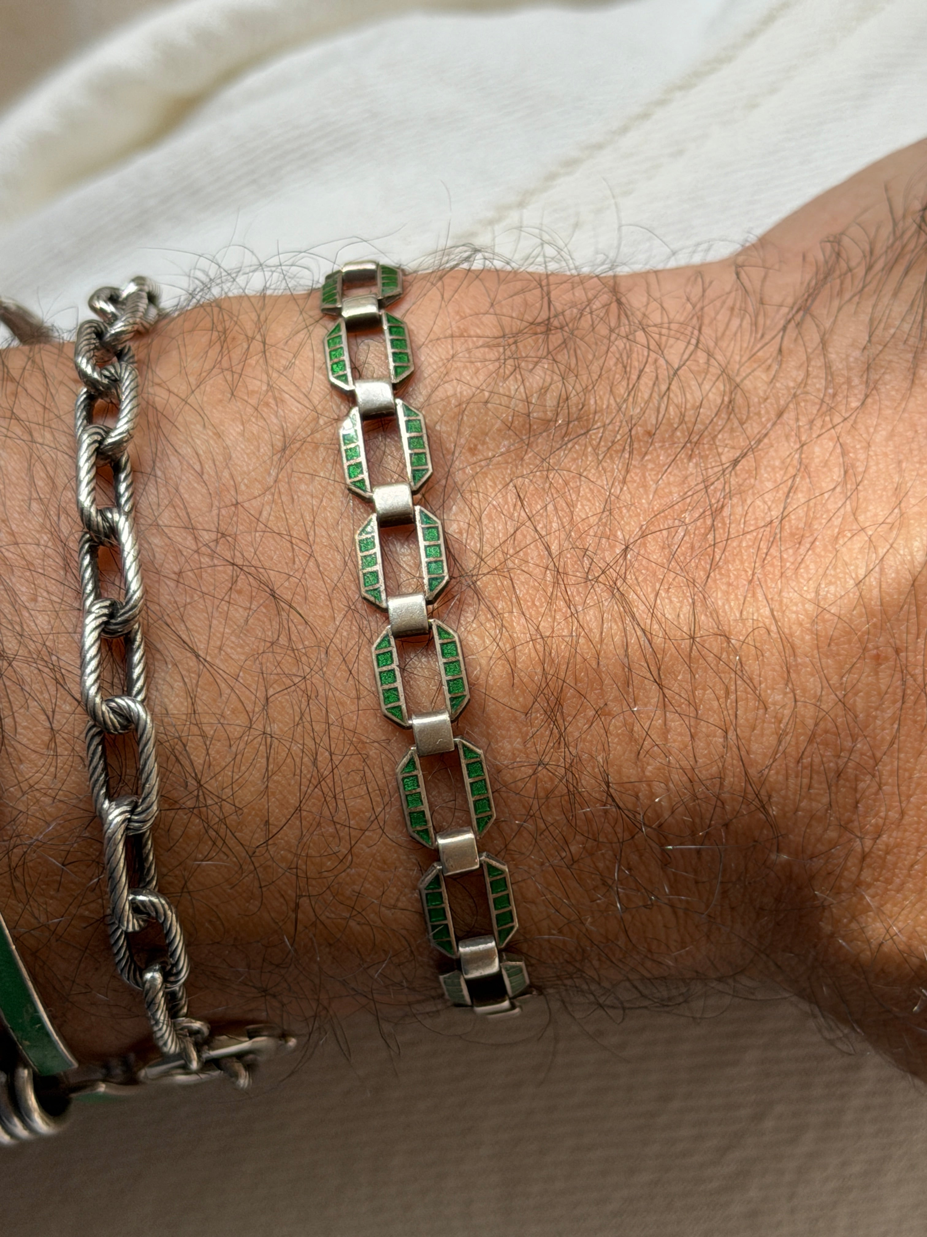 Vintage Art Deco Sterling Silver Green Enamel Geometric Link Bracelet | Collectors Gene