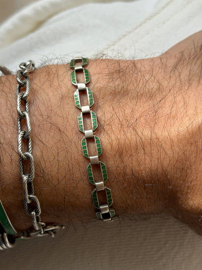 Vintage Art Deco Sterling Silver Green Enamel Geometric Link Bracelet | Collectors Gene