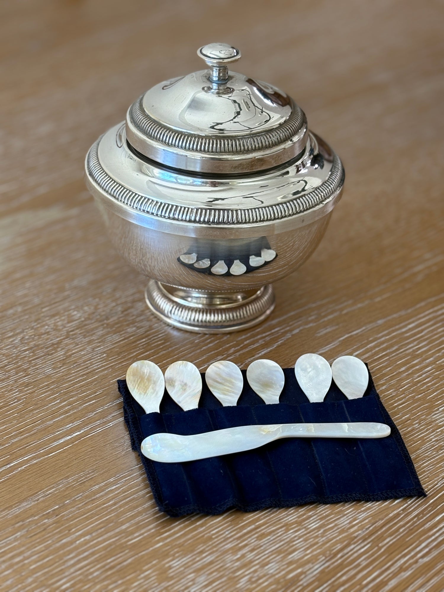 Silver-Plated Caviar Dish Six Mother of Pearl Spoons | Collectors Gene Vintage Finds