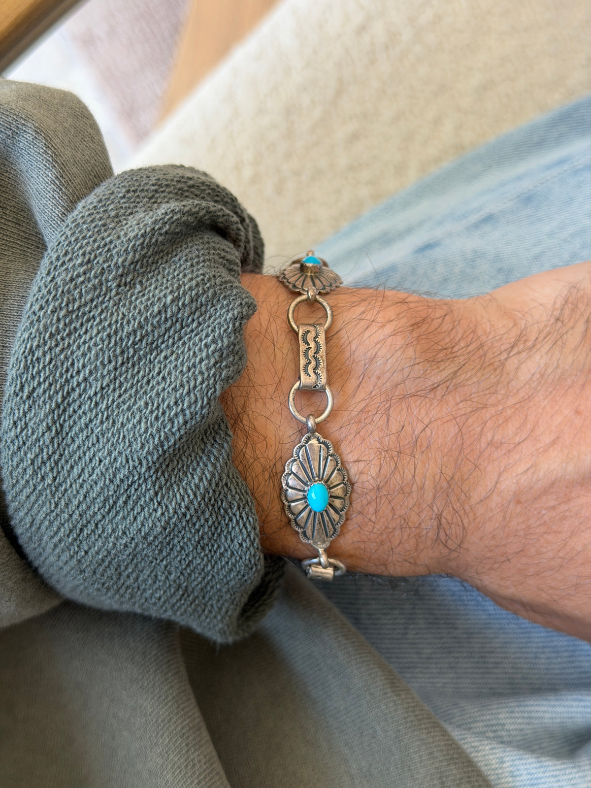 Vintage Native American Sterling Silver Turquoise Concho Link Bracelet | Collectors Gene