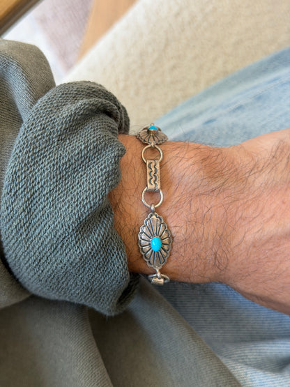 Vintage Native American Sterling Silver Turquoise Concho Link Bracelet | Collectors Gene