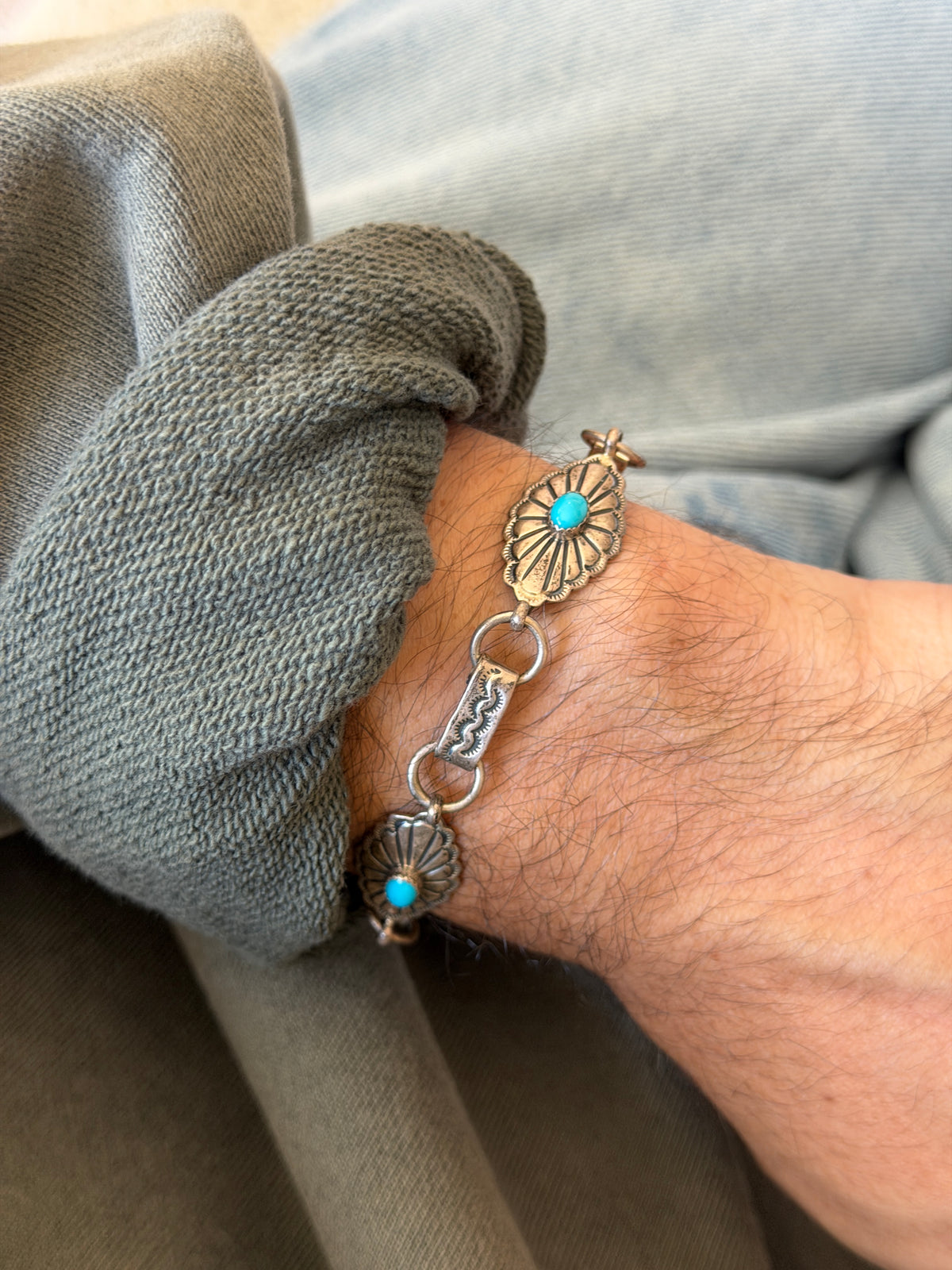 Vintage Native American Sterling Silver Turquoise Concho Link Bracelet | Collectors Gene