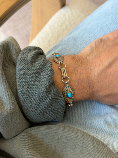 Vintage Native American Sterling Silver Turquoise Concho Link Bracelet | Collectors Gene