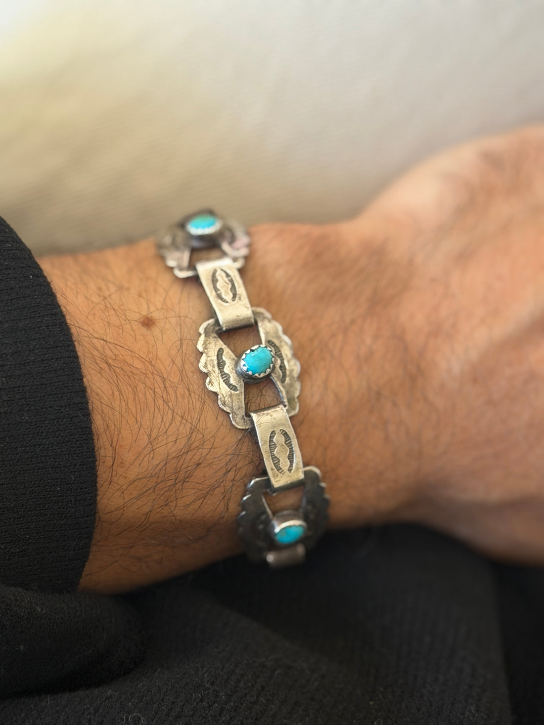 Vintage Native American Sterling Turquoise Concho Link Bracelet | Collectors Gene