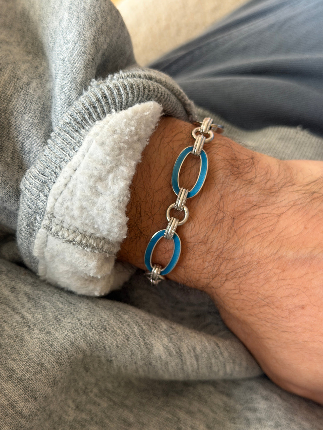 Vintage sterling silver bracelet with oval links accented in blue enamel