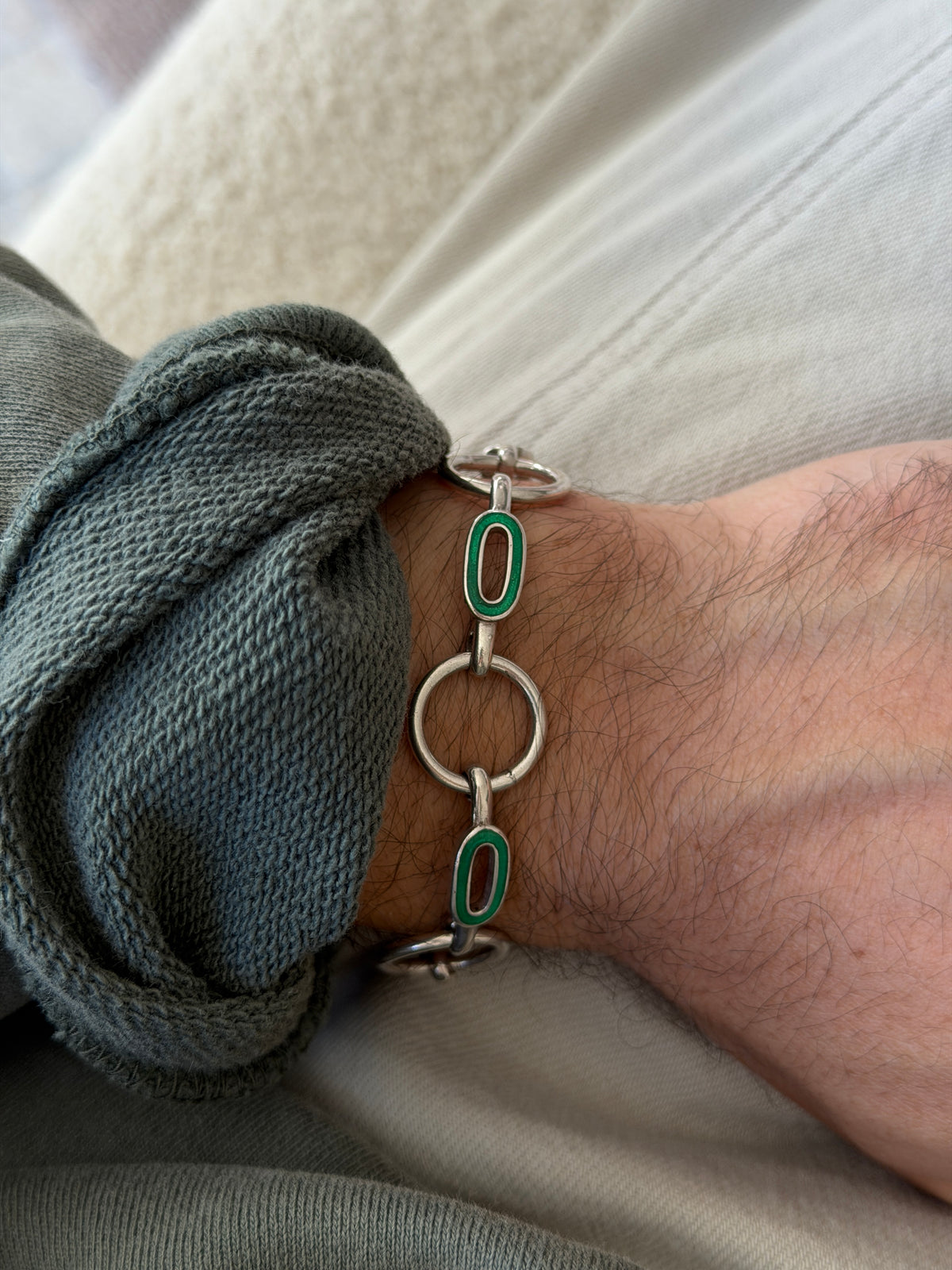 Vintage Sterling Silver Green Enamel Modernist Round Link Bracelet | Collectors Gene