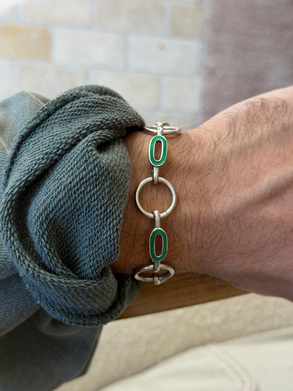 Vintage Sterling Silver Green Enamel Modernist Round Link Bracelet | Collectors Gene