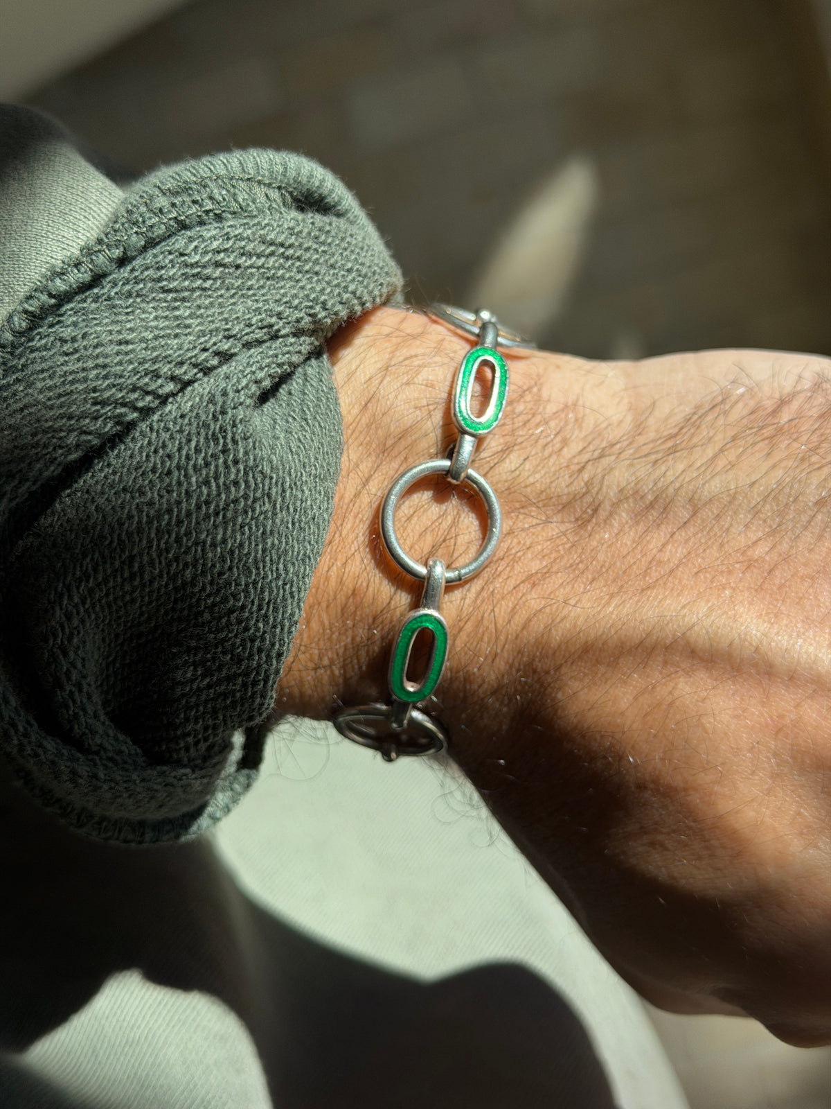Vintage Sterling Silver Green Enamel Modernist Round Link Bracelet | Collectors Gene