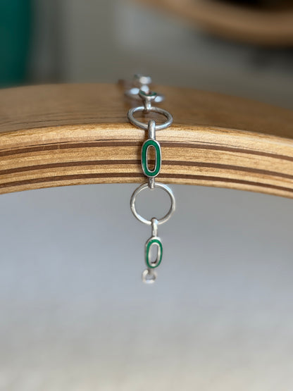 Vintage Sterling Silver Green Enamel Modernist Round Link Bracelet | Collectors Gene