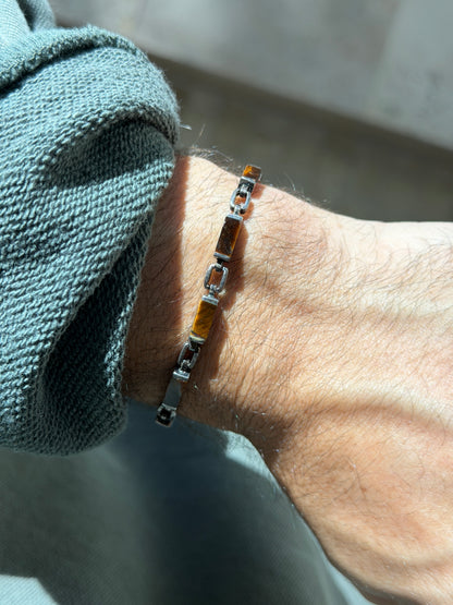 Vintage Sterling Silver Tigers Eye Stone Link Bracelet | Collectors Gene