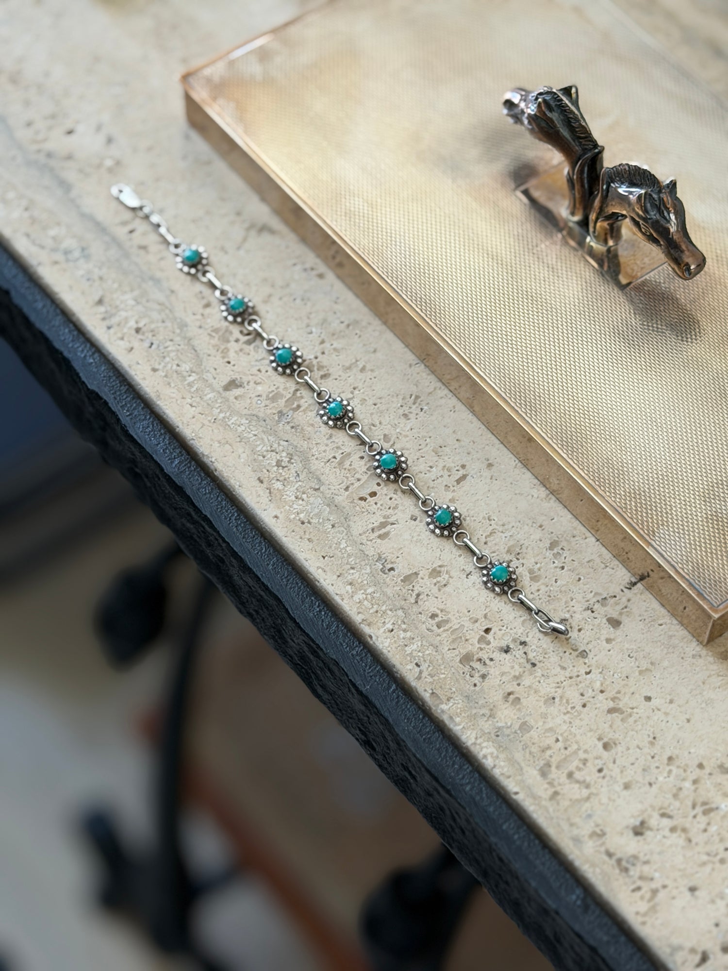 Vintage Sterling Silver &amp; Turquoise Native American Station Link Bracelet  | Collectors Gene