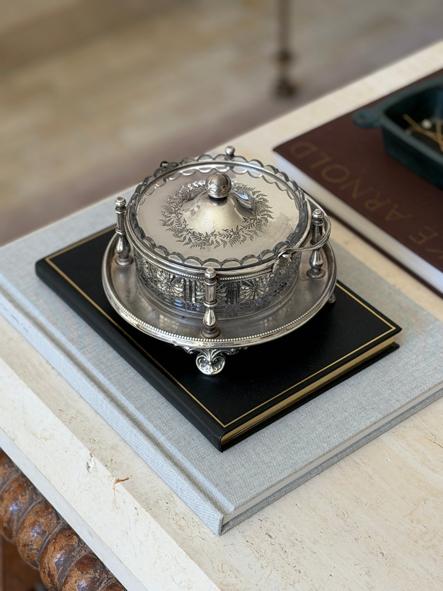 Walker &amp; Hall Silver Plate &amp; Cut Glass Biscuit Box –  Sheffield c. 1900
