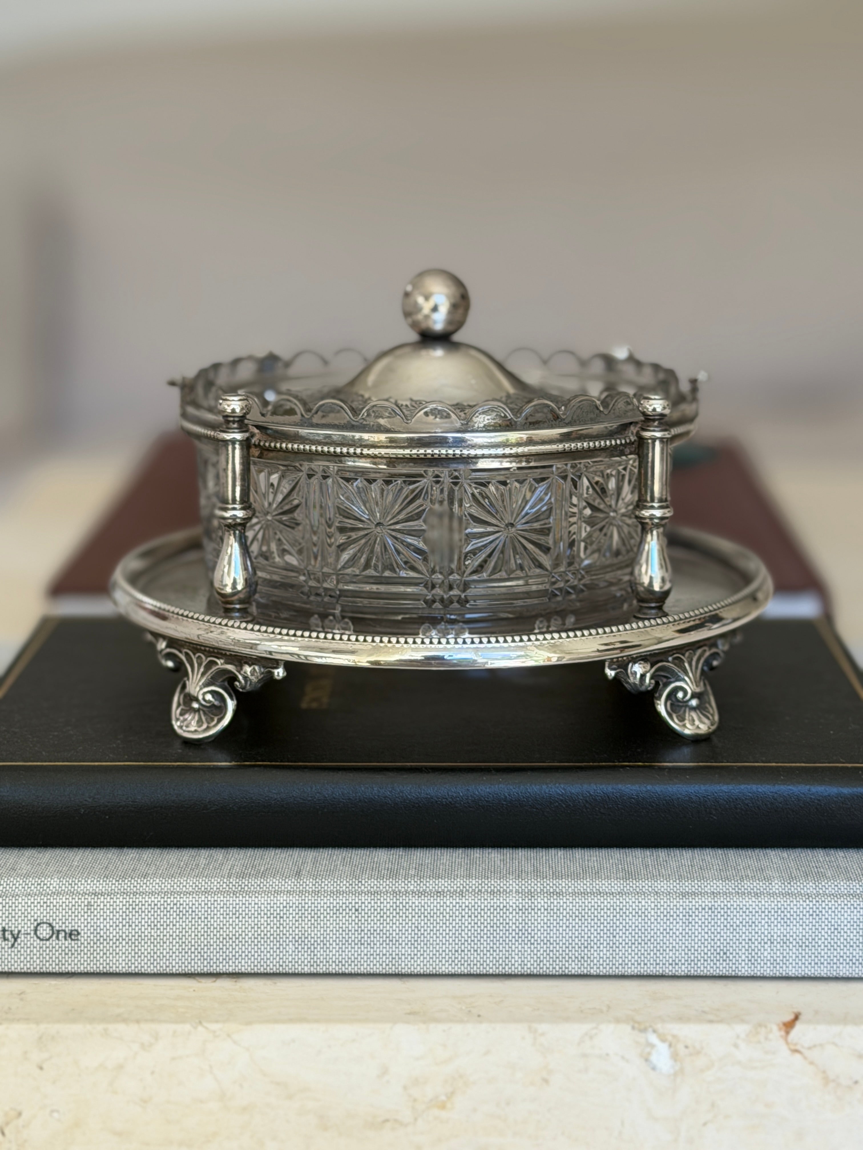 Walker &amp; Hall Silver Plate &amp; Cut Glass Biscuit Box –  Sheffield c. 1900