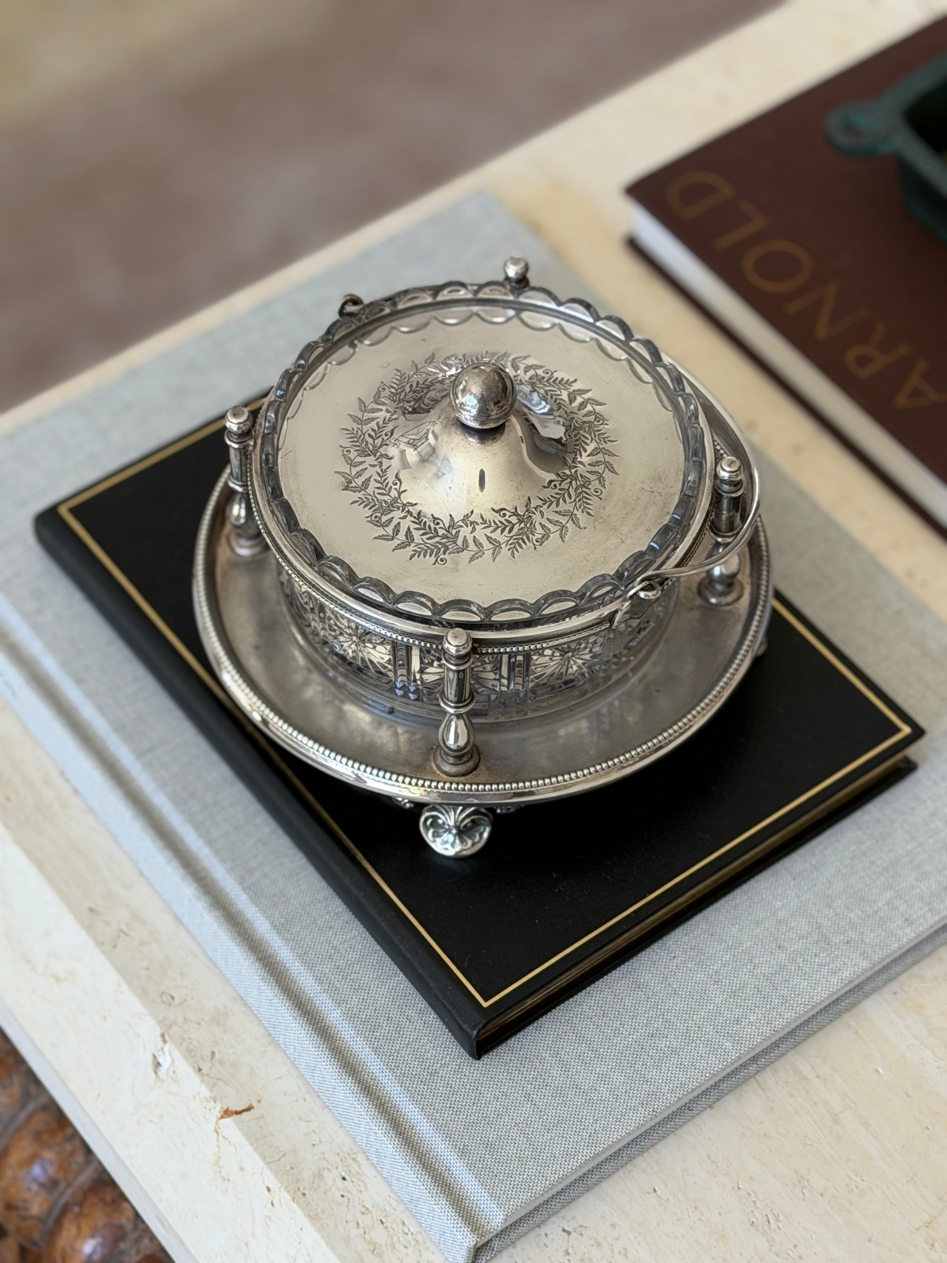 Walker &amp; Hall Silver Plate &amp; Cut Glass Biscuit Box –  Sheffield c. 1900
