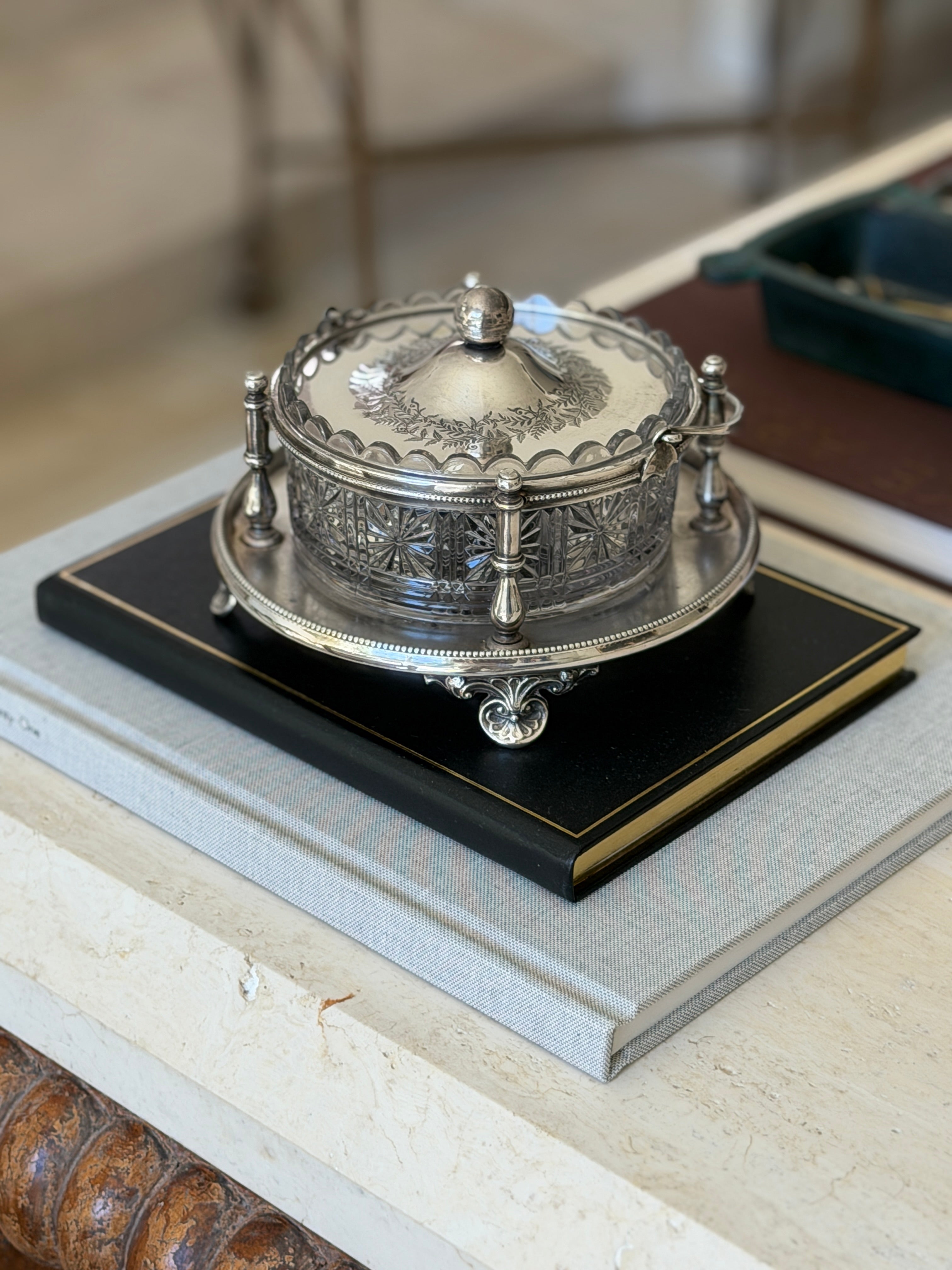Walker &amp; Hall Silver Plate &amp; Cut Glass Biscuit Box –  Sheffield c. 1900